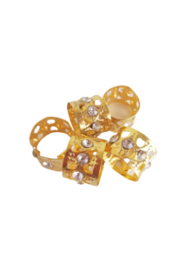 Złote zaciskowe koraliki z ,,cyrkoniami”, idealne na grubsze warkoczyki, dredloki, dredy , cornrows (10×12)