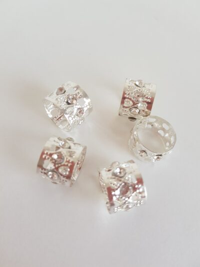 Srebrne zaciskowe koraliki z ,,cyrkoniami”, idealne na grubsze warkoczyki, dredloki, dredy , cornrows (10×12)