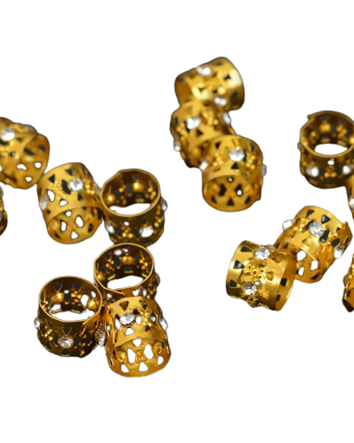 Złote zaciskowe koraliki z ,,cyrkoniami”, idealne na warkoczyki, dredloki, dredy , cornrows (9×8)